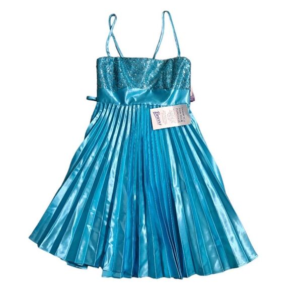 Vintage Jessica McClintock For Gunne Sax Pleated Sequins Cocktail Turquoise  S 7 - Picture 1 of 13